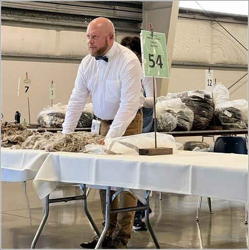 Judge Eric Stewart speaks to the audience as he judges mohair fleeces. Photo: Sharon Chestnutt.